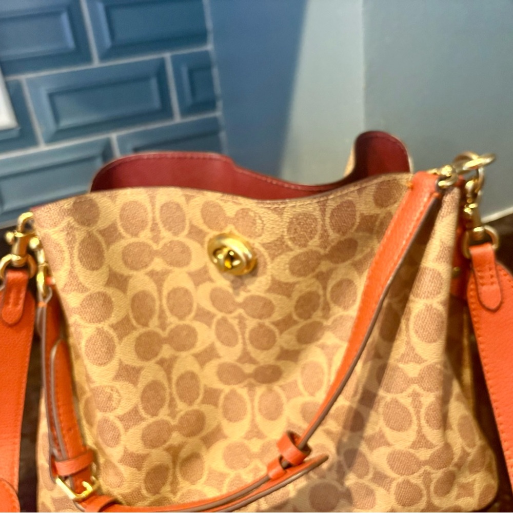 Coach Signature Color block Leather Willow Shoulder bag with Orange Leather Trim